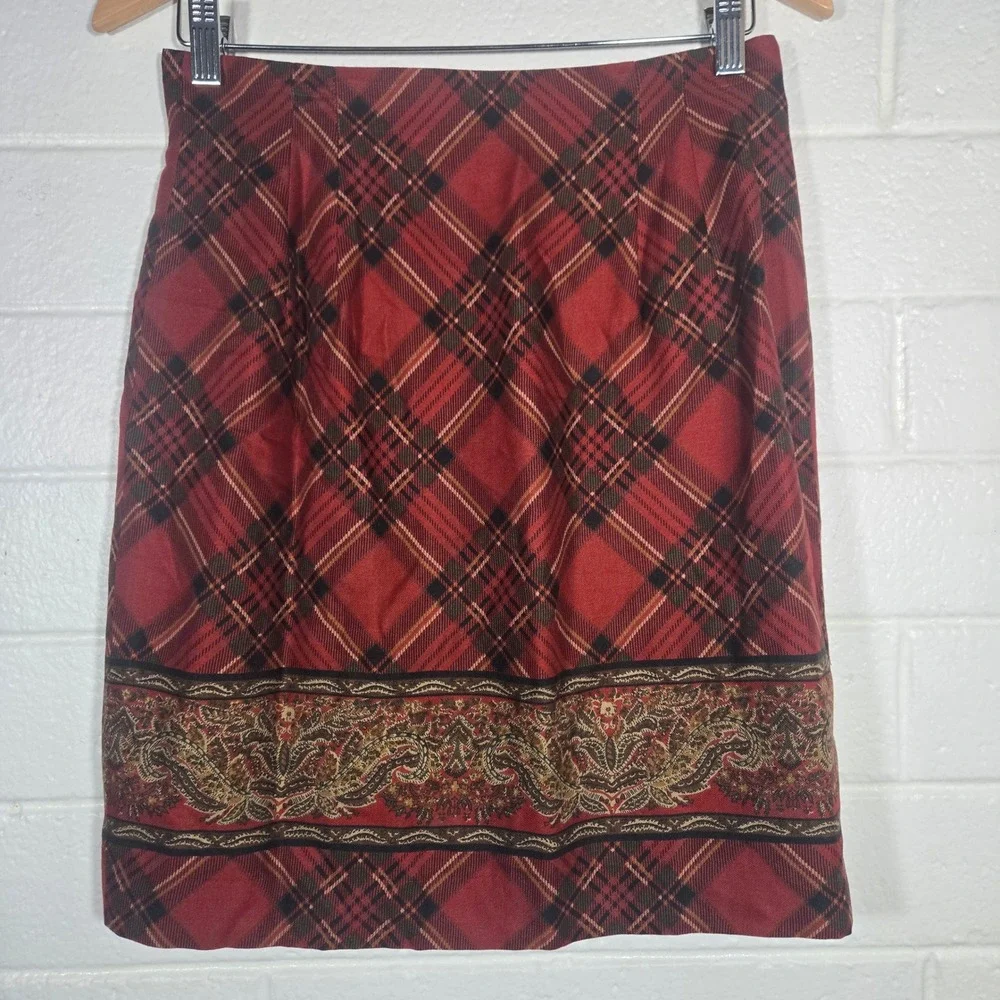 Vtg Breeches Plaid Pencil Skirt 10 Wool Blend Paisley‎ Mixed Print Split Preppy